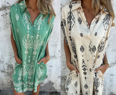 Celest™ | Loose fitting short sleeve dress with print and pockets
