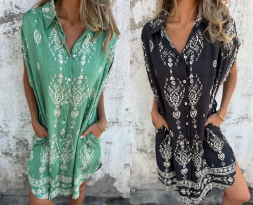 Celest™ | Loose fitting short sleeve dress with print and pockets