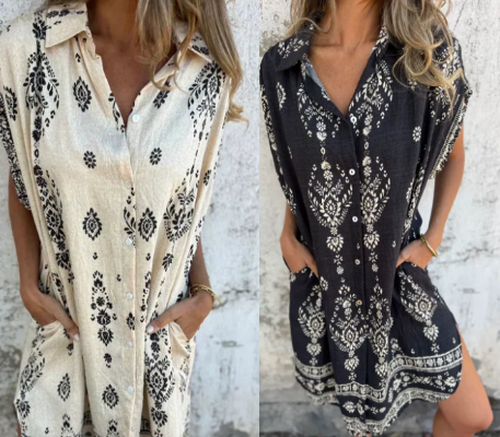 Celest™ | Loose fitting short sleeve dress with print and pockets