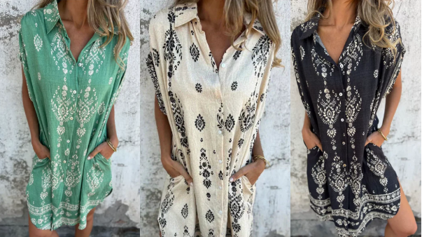 Celest™ | Loose fitting short sleeve dress with print and pockets