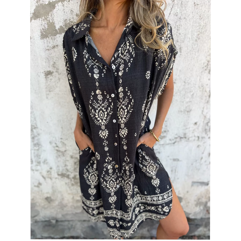Celest™ | Loose fitting short sleeve dress with print and pockets