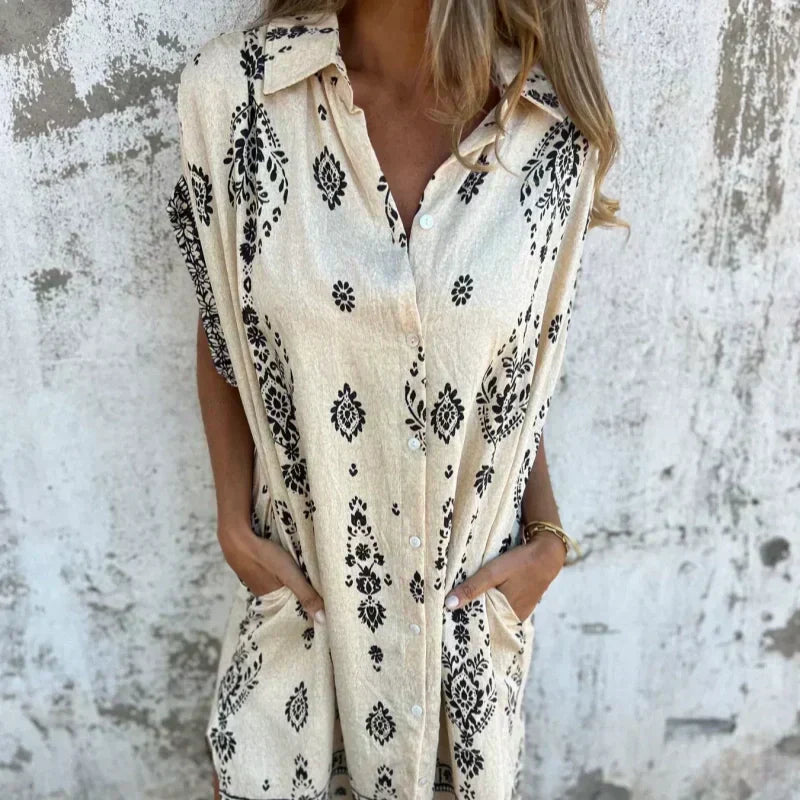 Celest™ | Loose fitting short sleeve dress with print and pockets